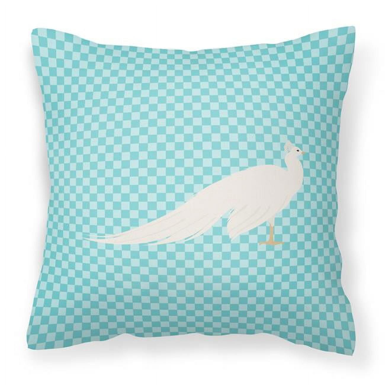 White Peacock Peafowl Blue Check Fabric Decorative Pillow - 18 x 18 in.
