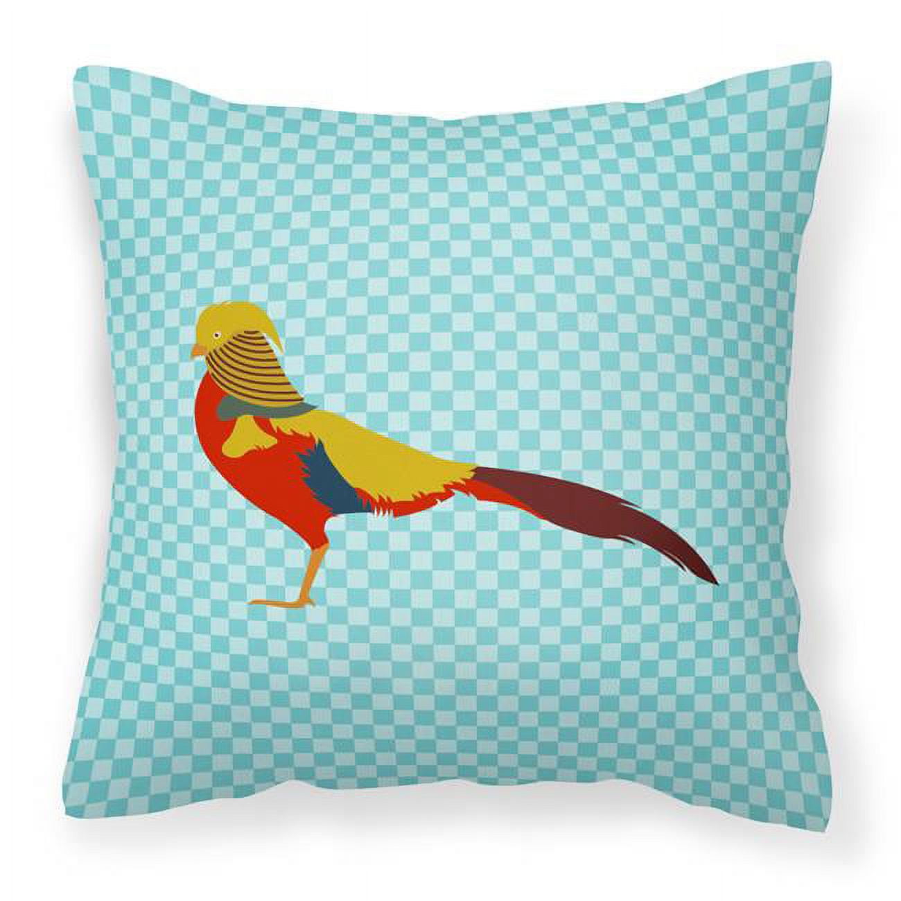 Golden or Chinese Pheasant Blue Check Fabric Decorative Pillow - 18 x 18 in.
