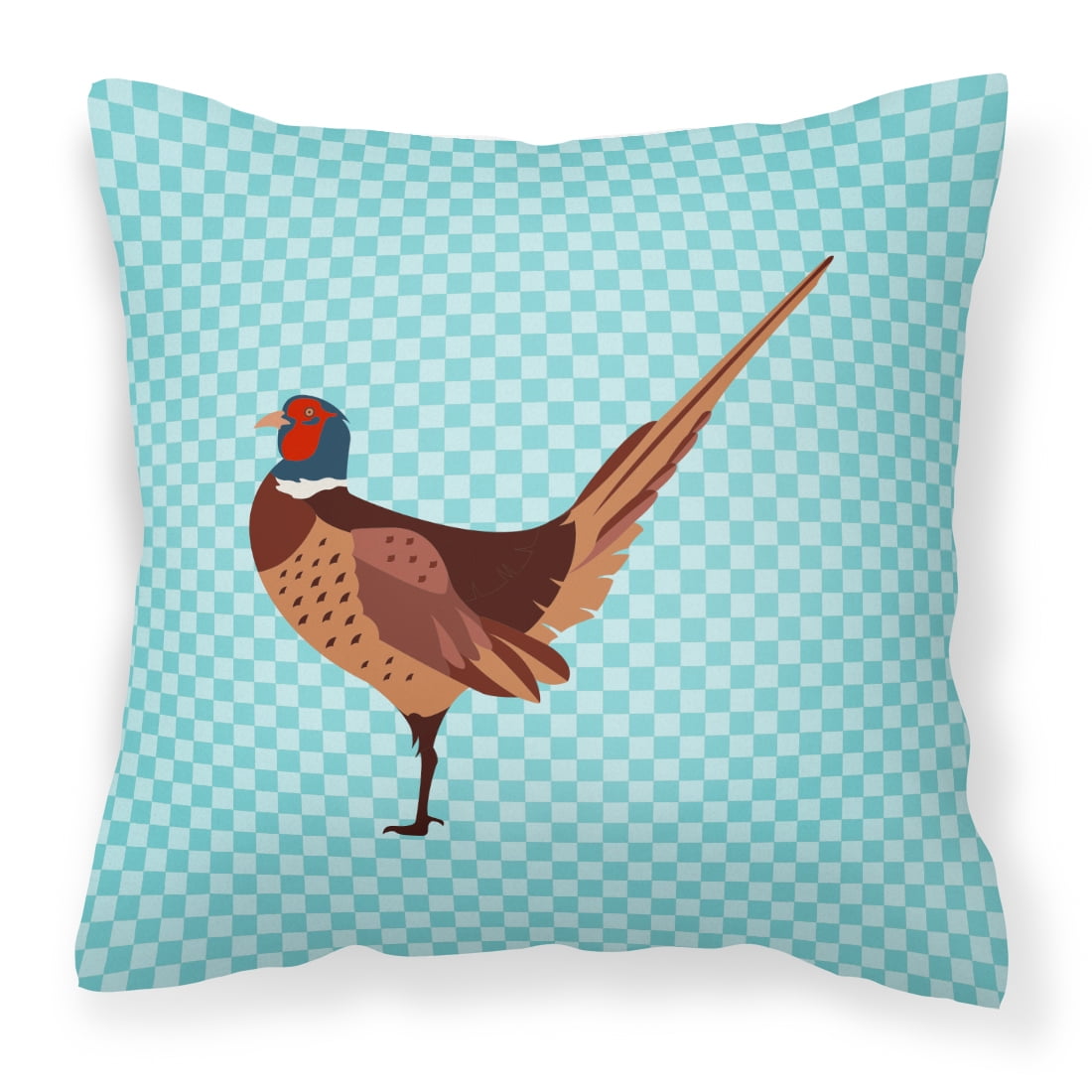 Ring Necked Common Pheasant Blue Check Fabric Decorative Pillow - 18 x 18 in.