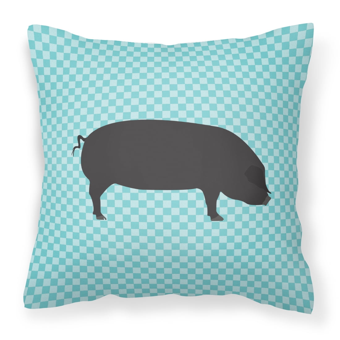 Devon Large Black Pig Blue Check Fabric Decorative Pillow - 18 x 18 in.