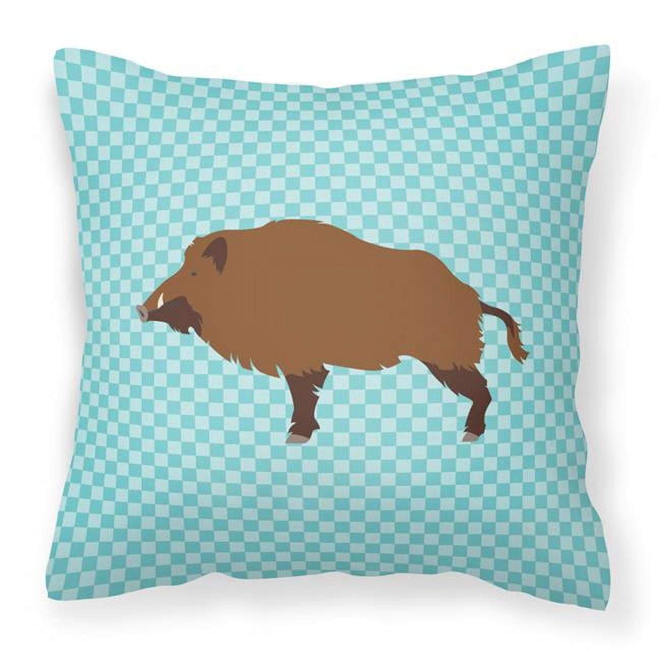 Wild Boar Pig Blue Check Fabric Decorative Pillow - 18 x 18 in.