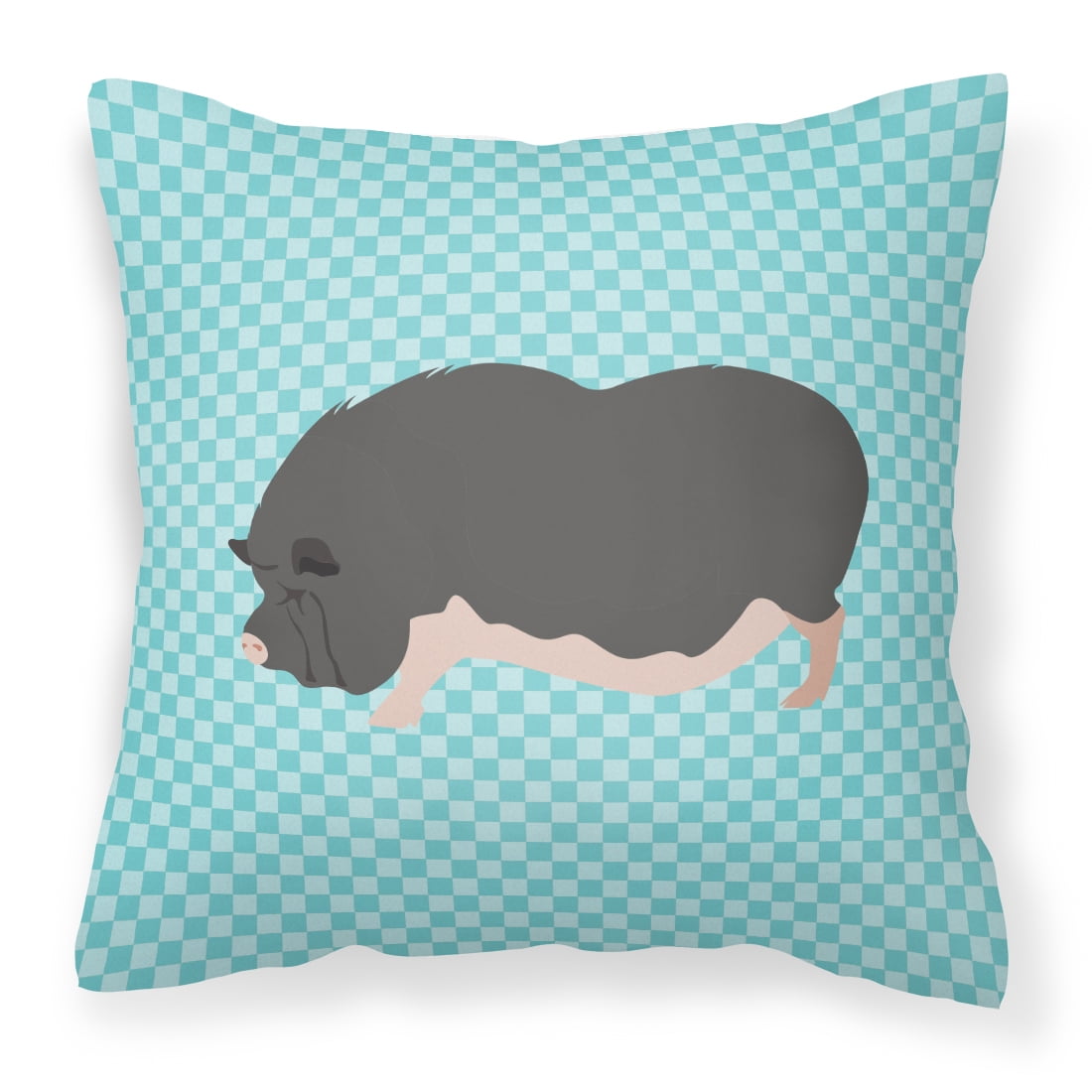 Vietnamese Pot-Bellied Pig Blue Check Fabric Decorative Pillow - 18 x 18 in.