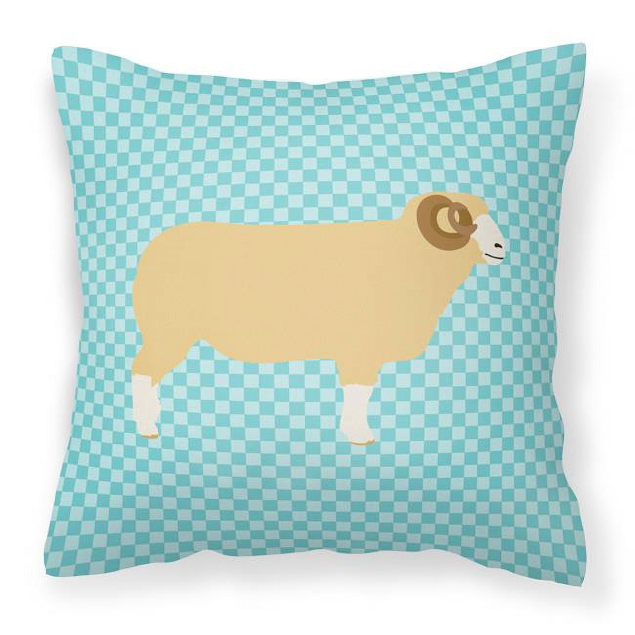 Horned Dorset Sheep Blue Check Fabric Decorative Pillow - 18 x 18 in.