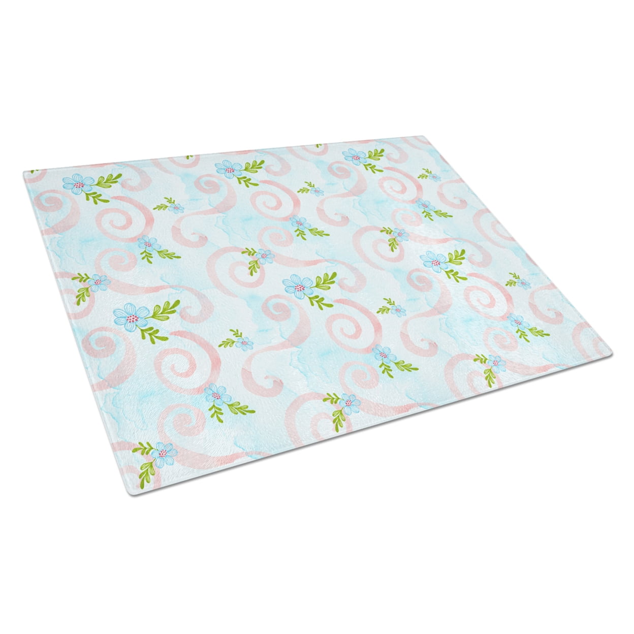 Watercolor Blue Flowers & Swirls Glass Cutting Board - Large