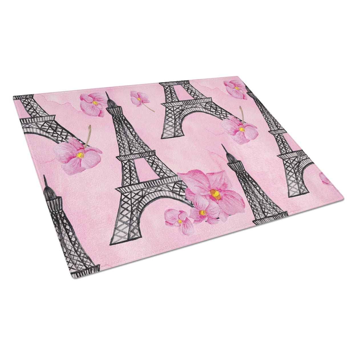 BB7511LCB Watercolor Pink Flowers & Eiffel Tower Glass Cutting Board, Large