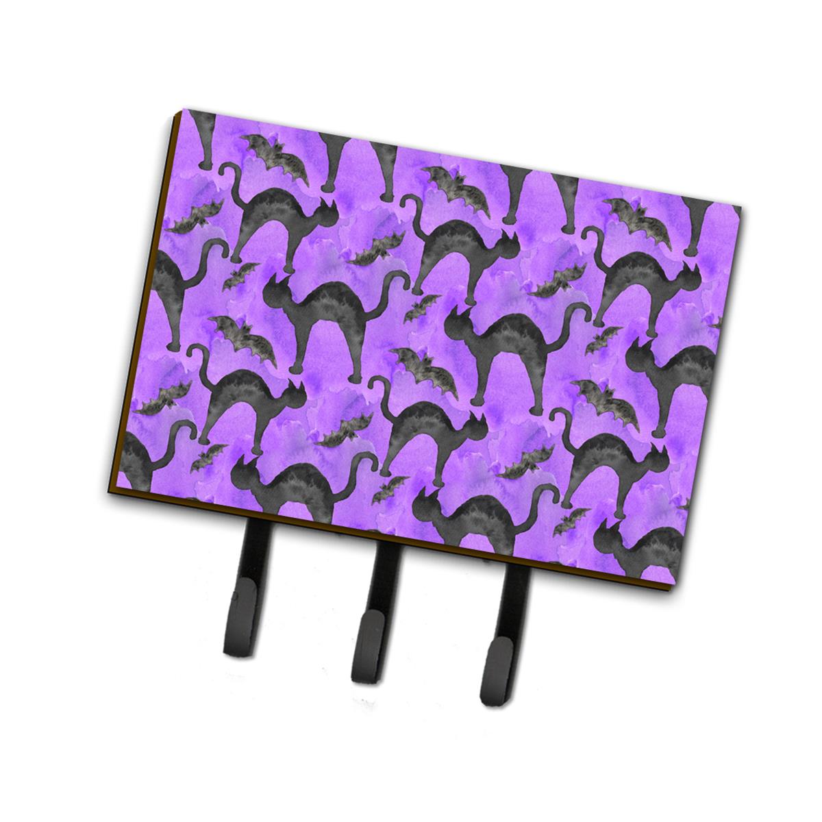 BB7528TH68 Watecolor Halloween Black Cats on Purple Leash or Key Holder, 6 x 2 x 9 in.