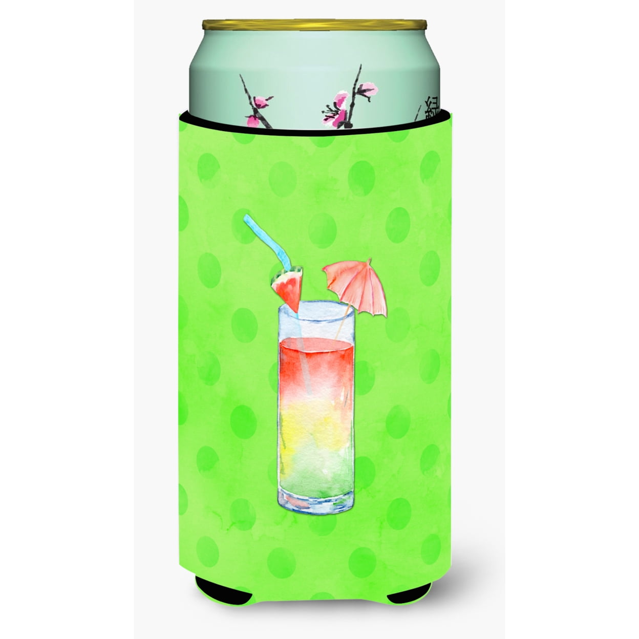 Umberella Cocktail Green Polkadot Tall Boy Beverage Insulator Hugger - Green