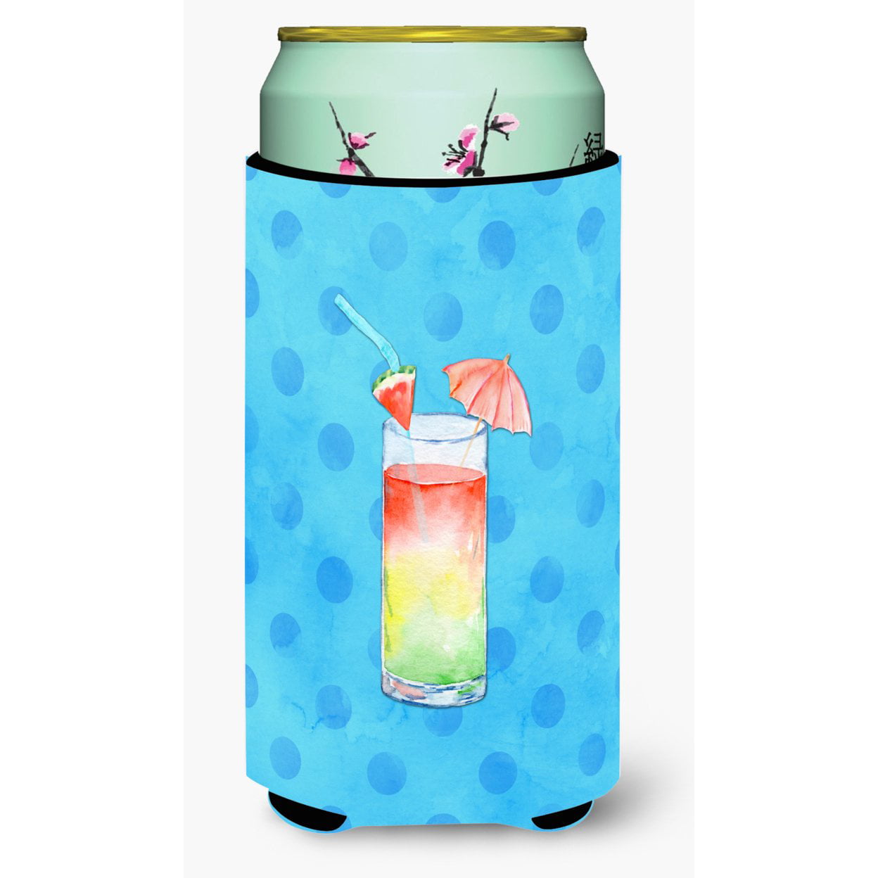 Umberella Cocktail Blue Polkadot Tall Boy Beverage Insulator Hugger - Blue