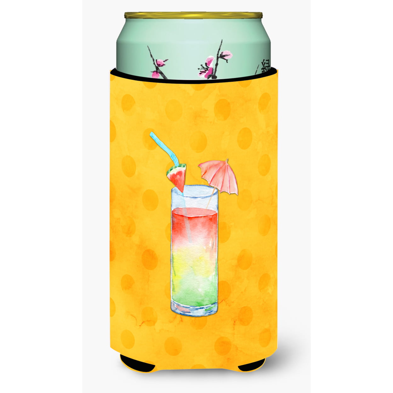 Umberella Cocktail Yellow Polkadot Tall Boy Beverage Insulator Hugger - Yellow