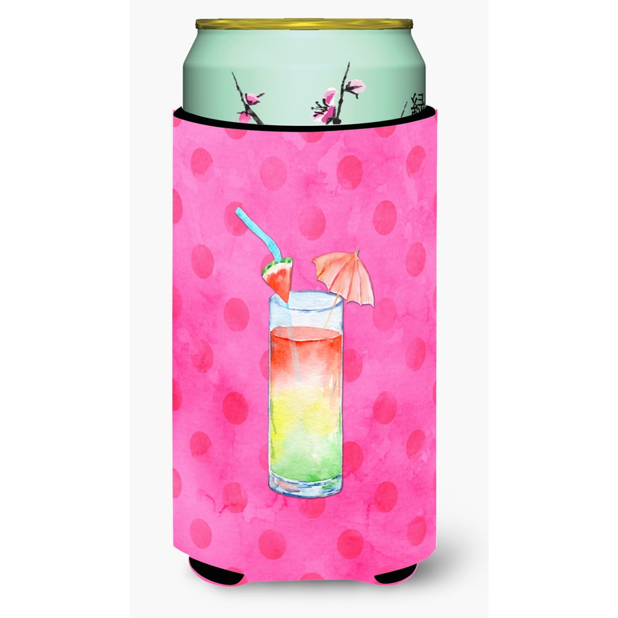 Umberella Cocktail Pink Polkadot Tall Boy Beverage Insulator Hugger - Pink