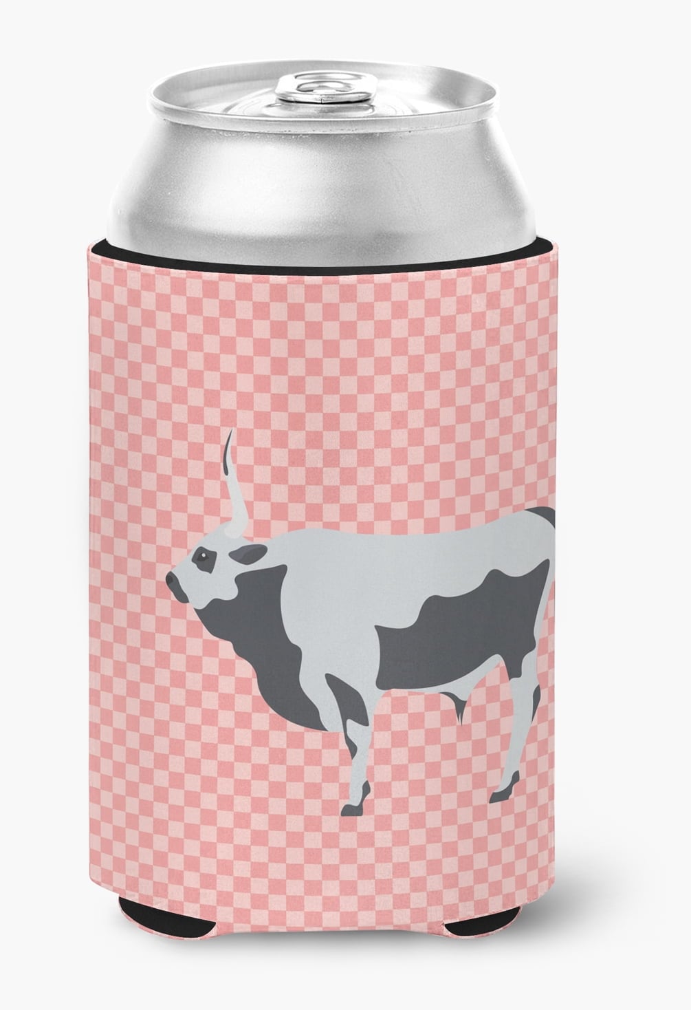 Hungarian Grey Steppe Cow Pink Check Can or Bottle Hugger - Pink