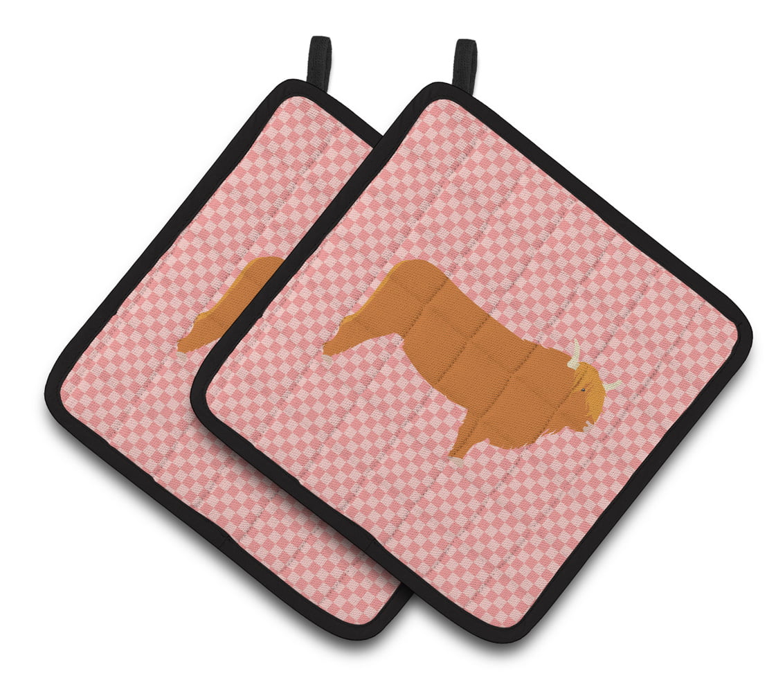 Highland Cow Pink Check Pair of Pot Holders - Pink