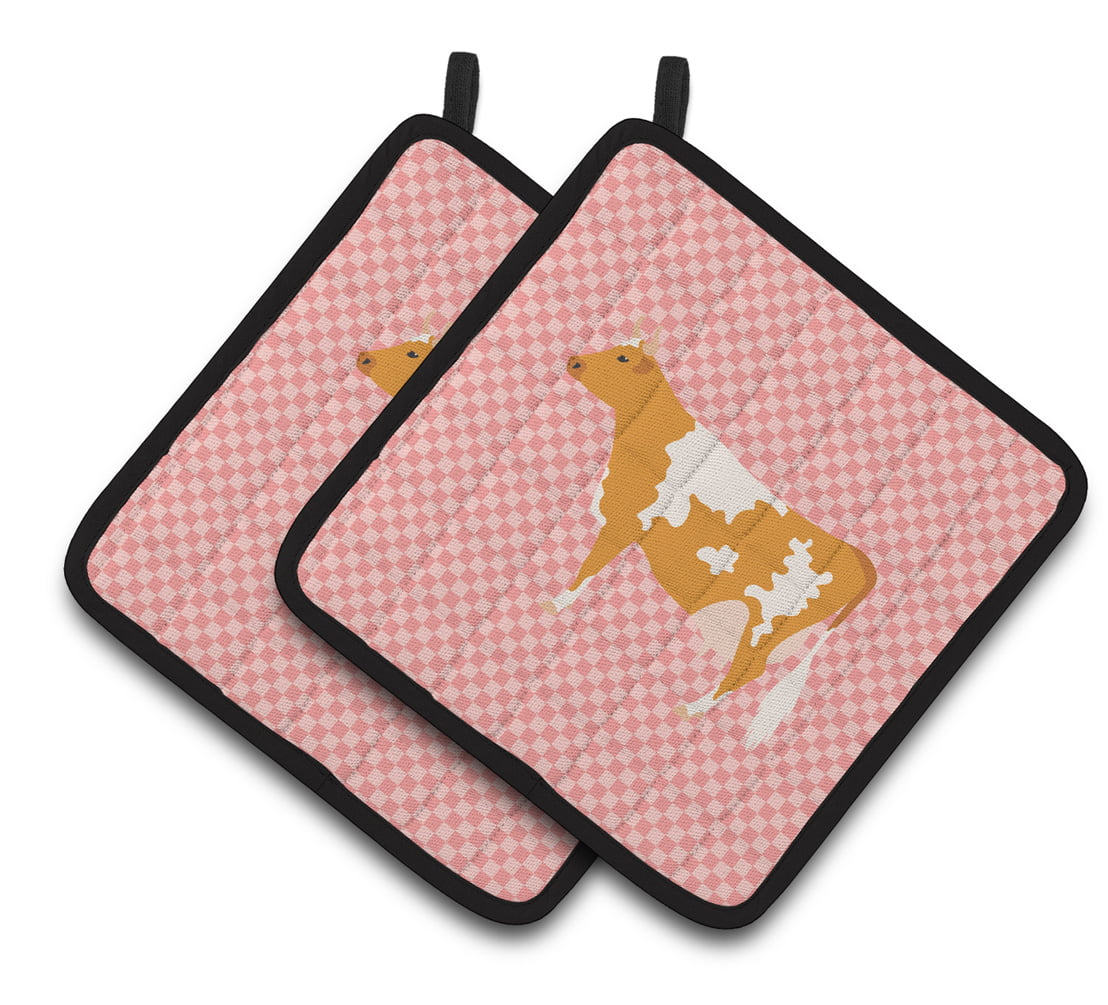Guernsey Cow Pink Check Pair of Pot Holders - Pink