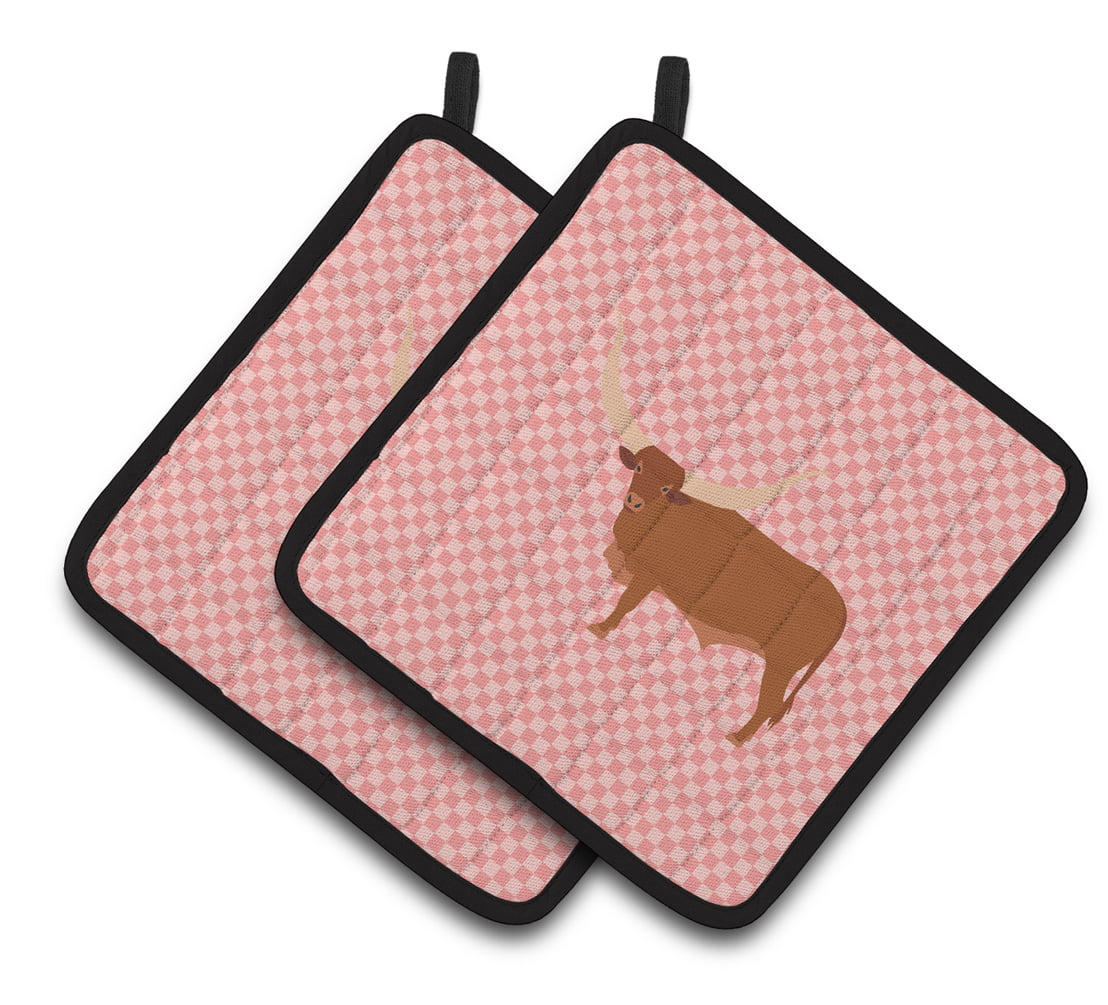 BB7823PTHD Ankole-Watusu Cow Pink Check Pair of Pot Holders
