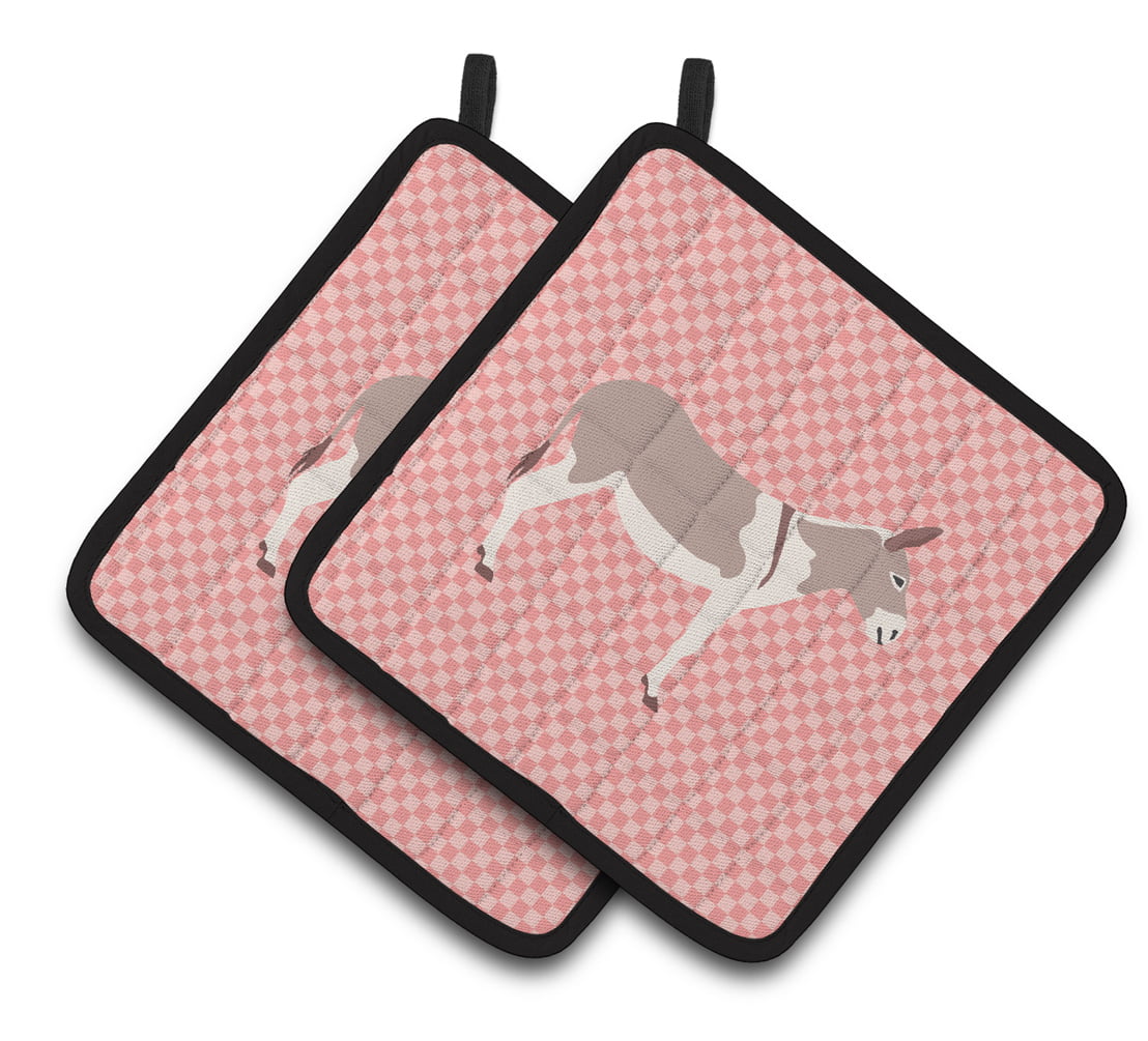 BB7846PTHD Australian Teamster Donkey Pink Check Pair of Pot Holders