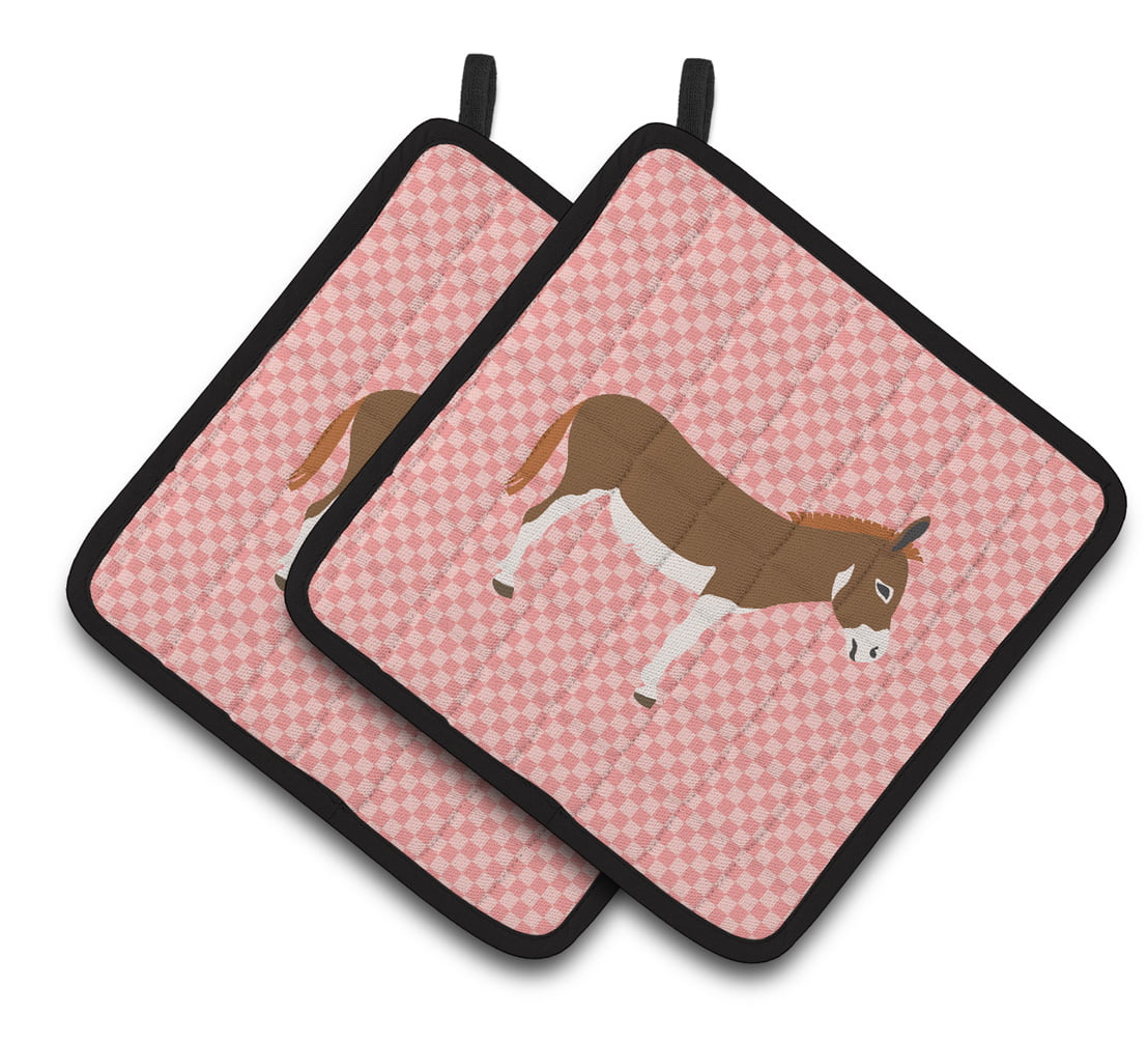 BB7847PTHD Miniature Mediterranian Donkey Pink Check Pair of Pot Holders