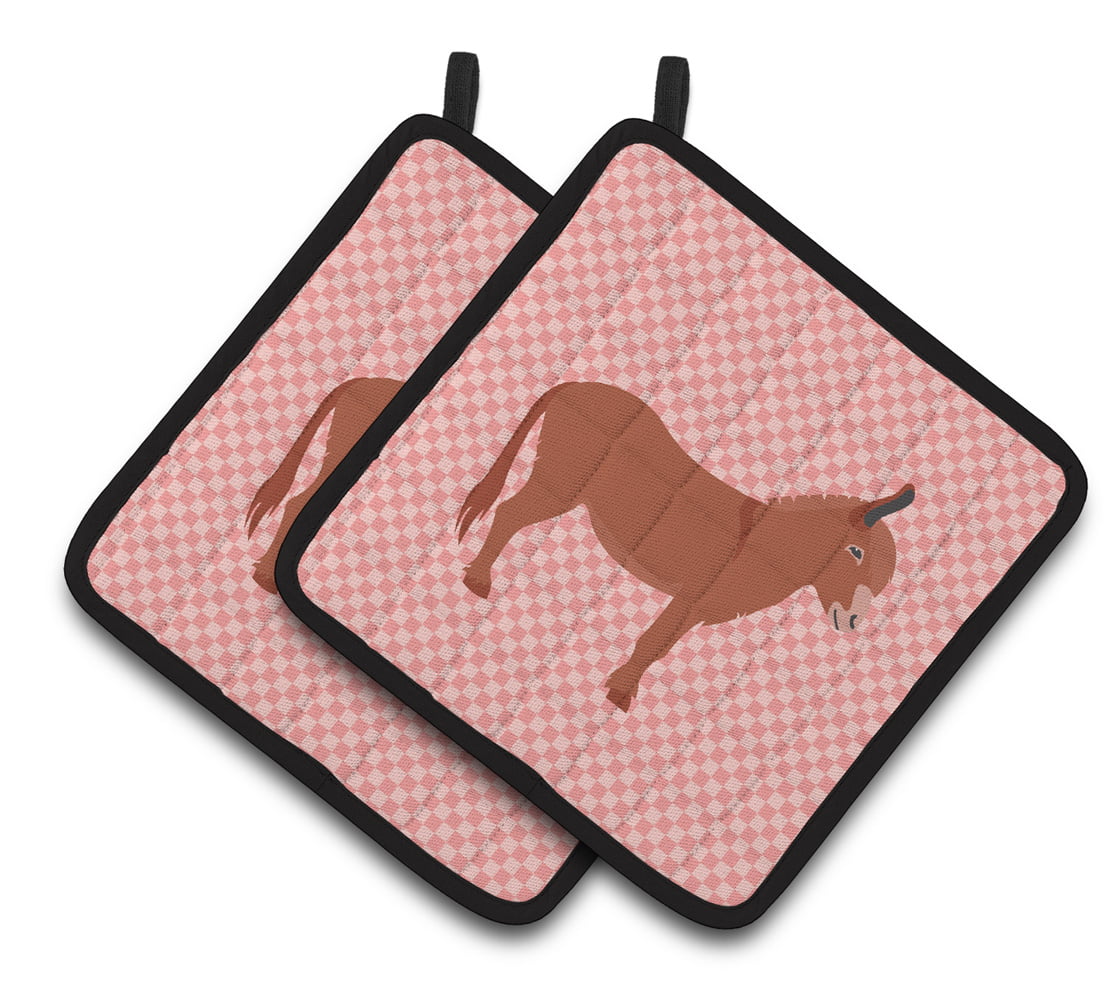 BB7848PTHD Irish Donkey Pink Check Pair of Pot Holders