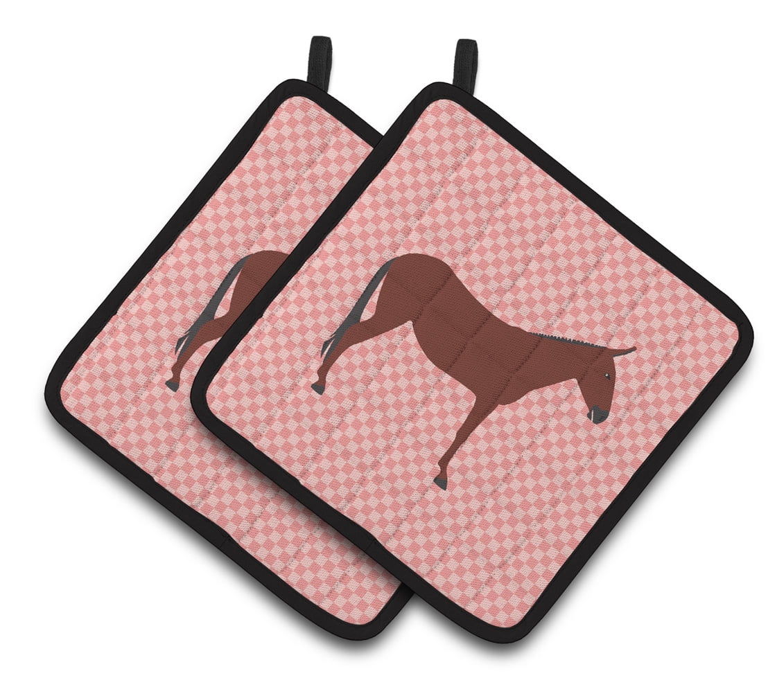 Hinny Horse Donkey Pink Check Pair of Pot Holders - Pink