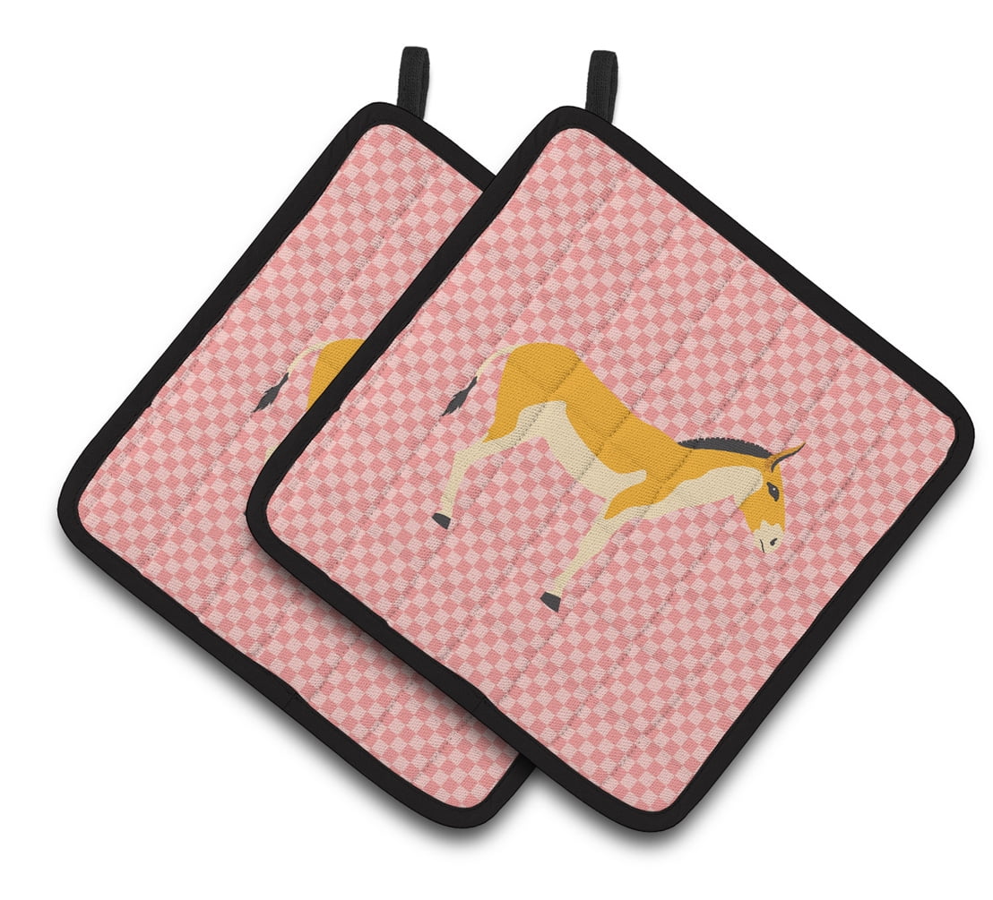 BB7854PTHD Turkmenian Kulan Donkey Pink Check Pair of Pot Holders