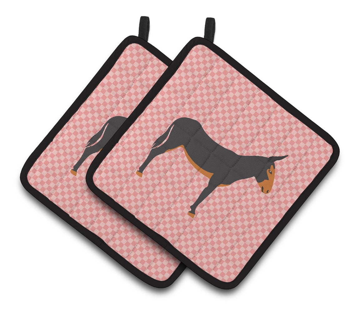 BB7855PTHD Catalan Donkey Pink Check Pair of Pot Holders