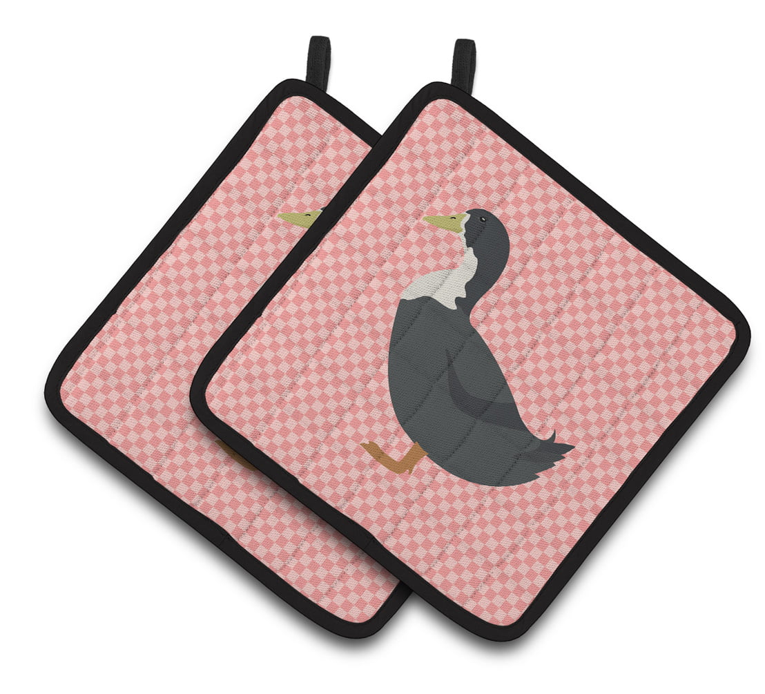 Blue Swedish Duck Pink Check Pair of Pot Holders - Pink