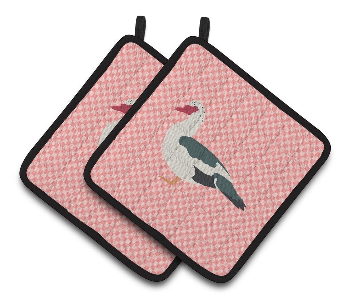 Muscovy Duck Pink Check Pair of Pot Holders - Pink