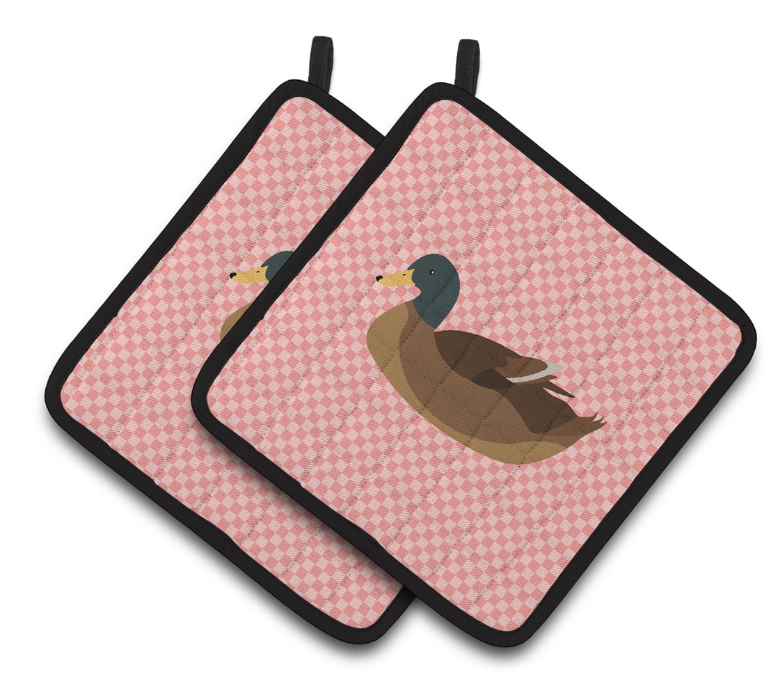 Khaki Campbell Duck Pink Check Pair of Pot Holders - Pink