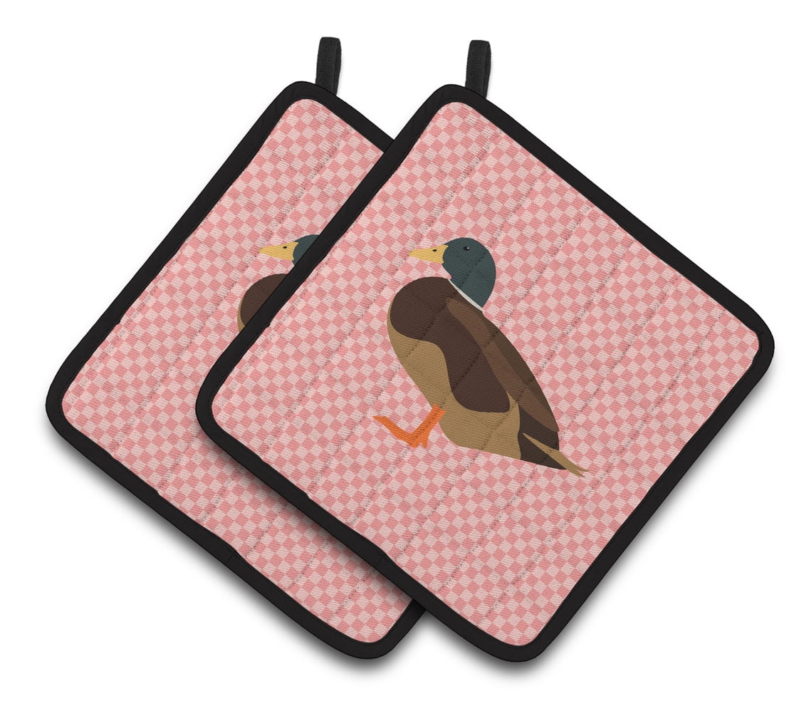 BB7867PTHD Silver Bantam Duck Pink Check Pair of Pot Holders