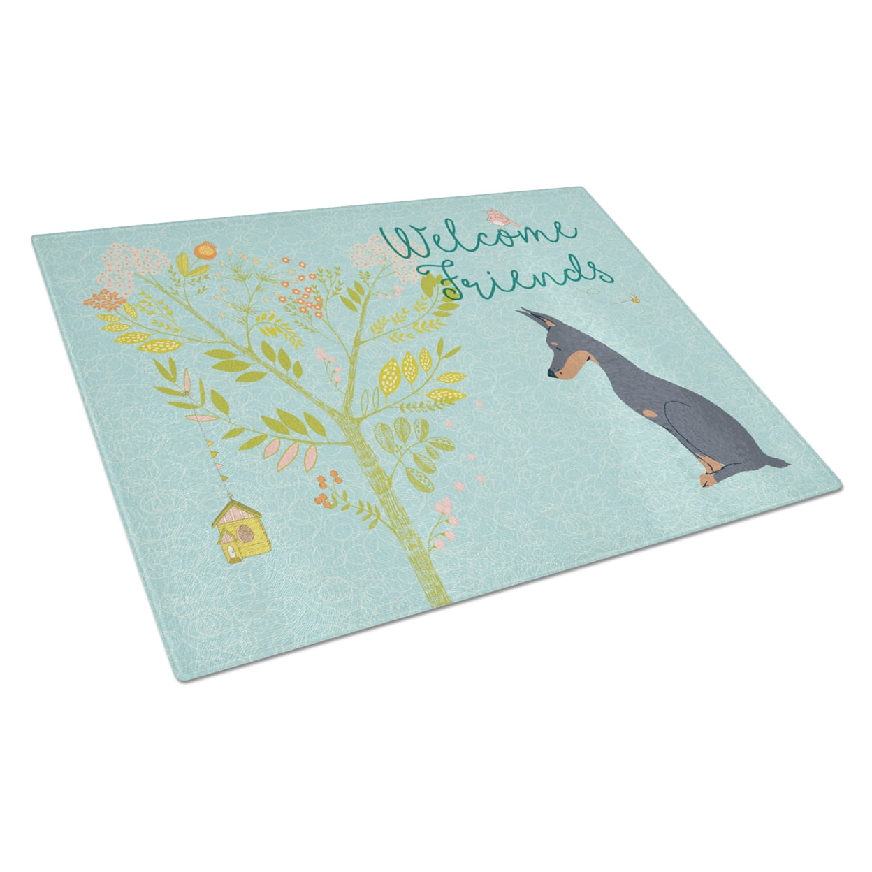 Welcome Friends Doberman Pinscher Glass Cutting Board - Large