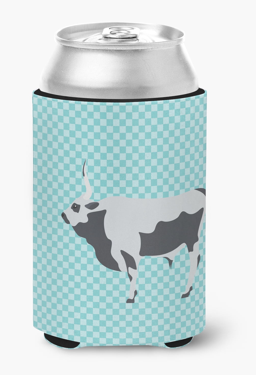 Hungarian Grey Steppe Cow Blue Check Can or Bottle Hugger - Blue