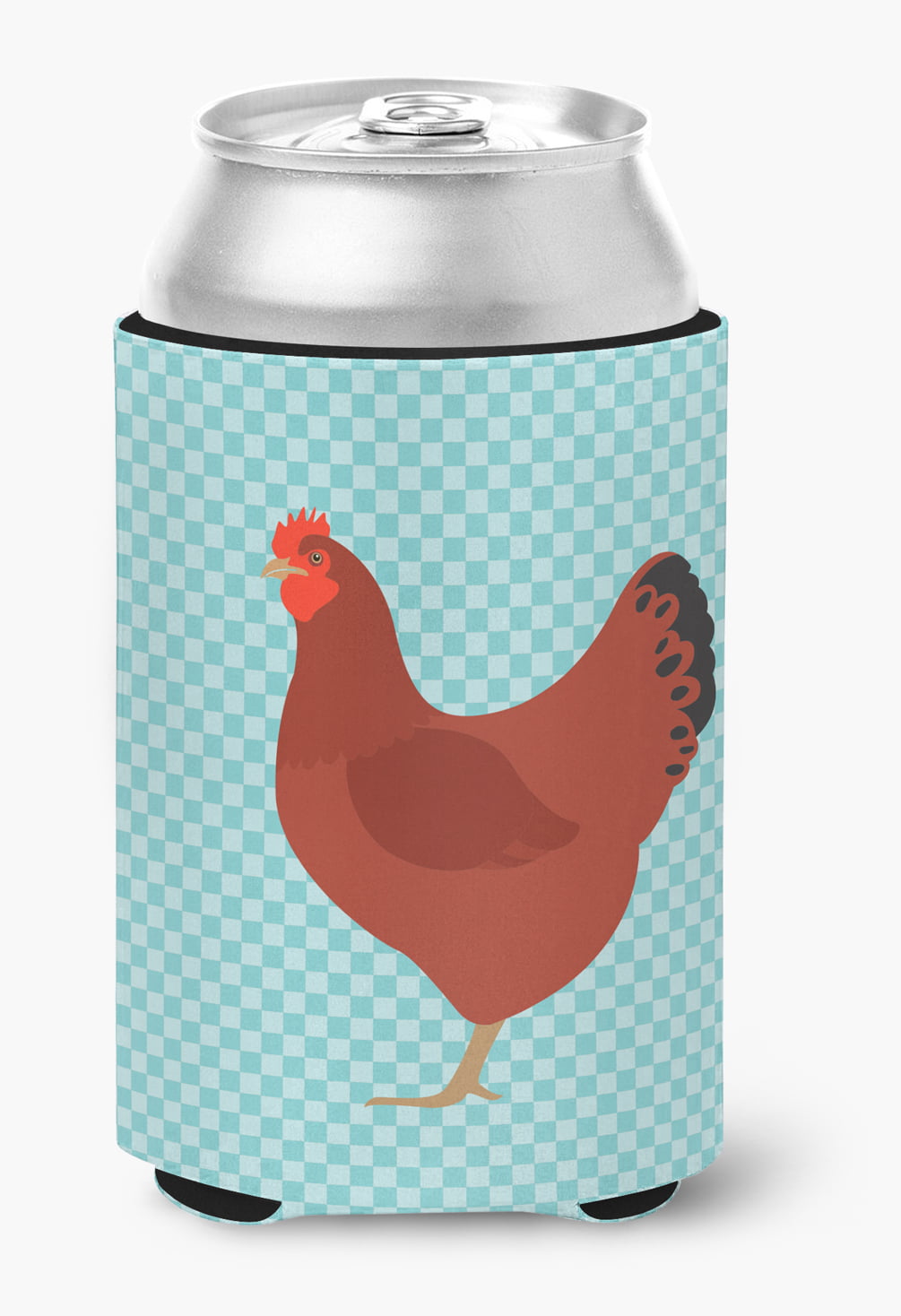 New Hampshire Red Chicken Blue Check Can or Bottle Hugger - Blue