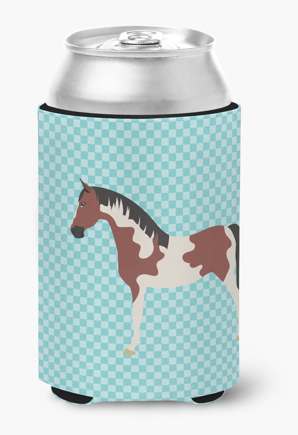 Pinto Horse Blue Check Can or Bottle Hugger - Blue