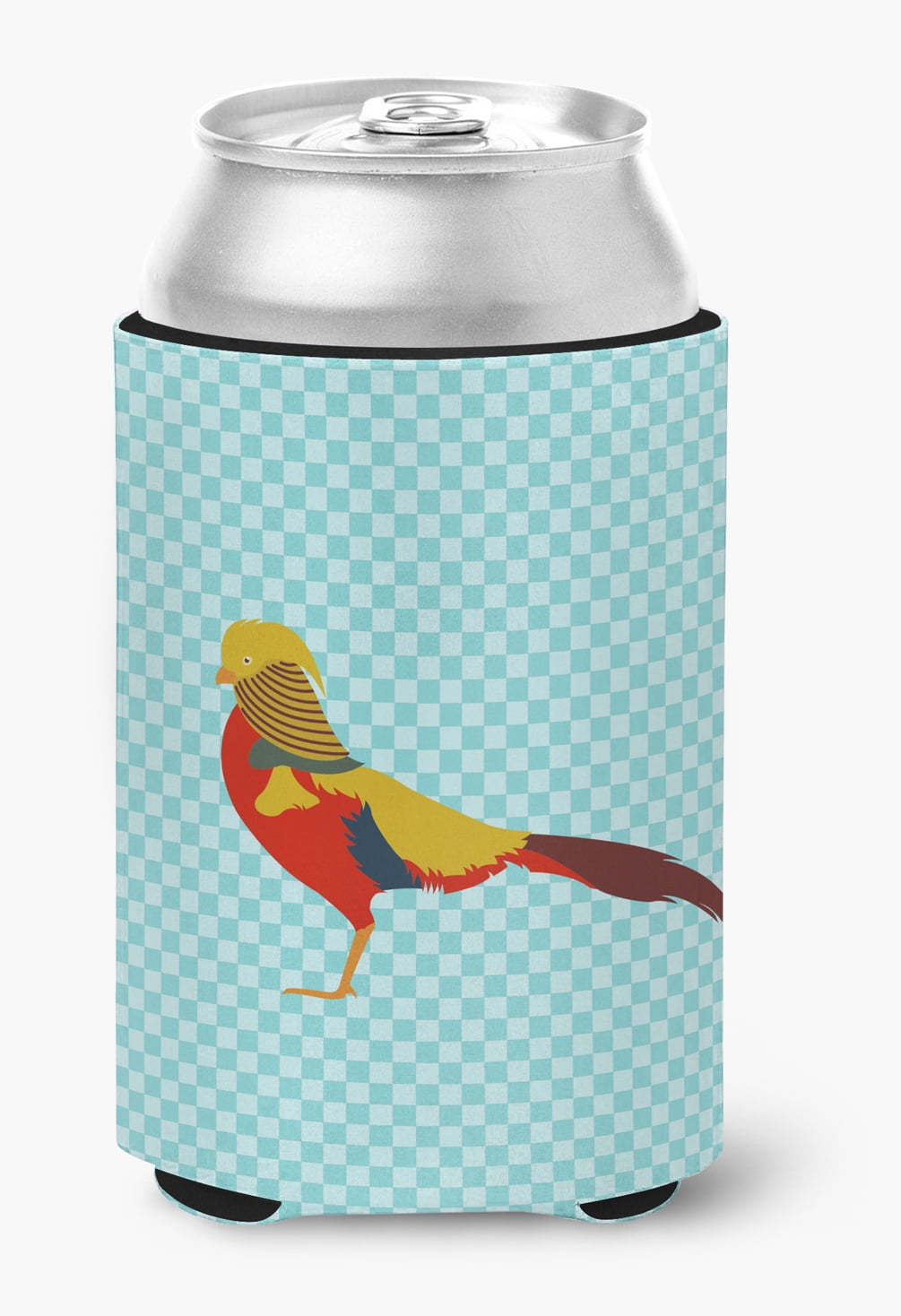 Golden or Chinese Pheasant Blue Check Can or Bottle Hugger - Blue