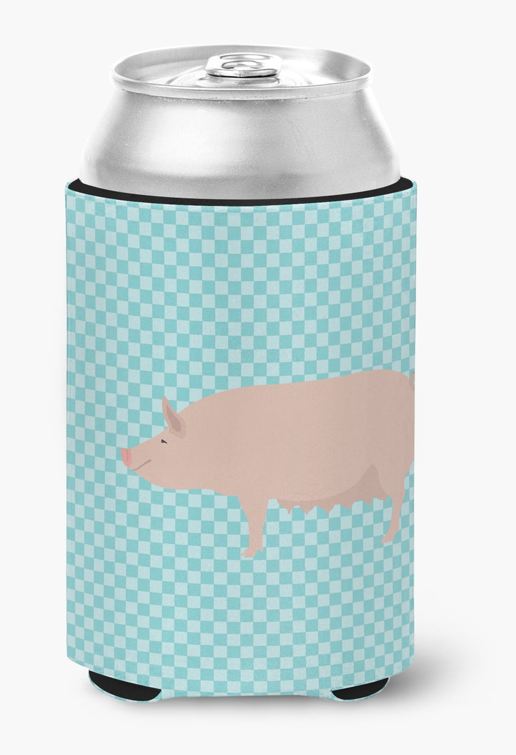 English Large White Pig Blue Check Can or Bottle Hugger - Blue