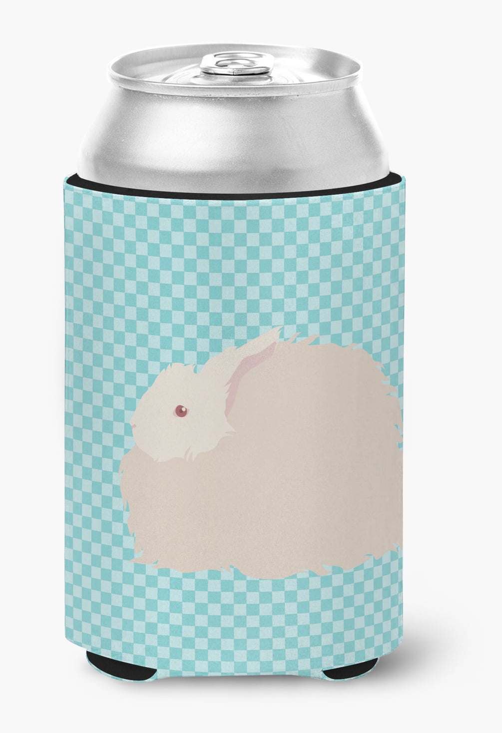 Fluffy Angora Rabbit Blue Check Can or Bottle Hugger - Blue