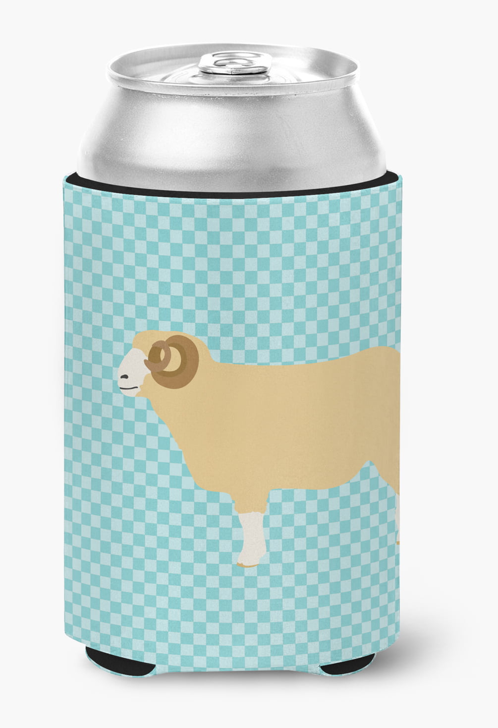 Horned Dorset Sheep Blue Check Can or Bottle Hugger - Blue
