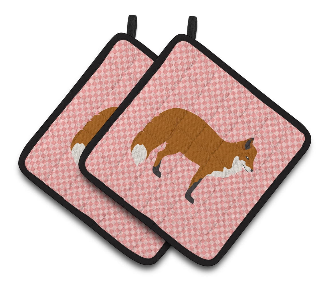 BB7876PTHD Red Fox Pink Check Pair of Pot Holders