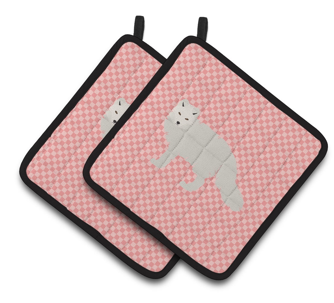 BB7877PTHD White Arctic Fox Pink Check Pair of Pot Holders