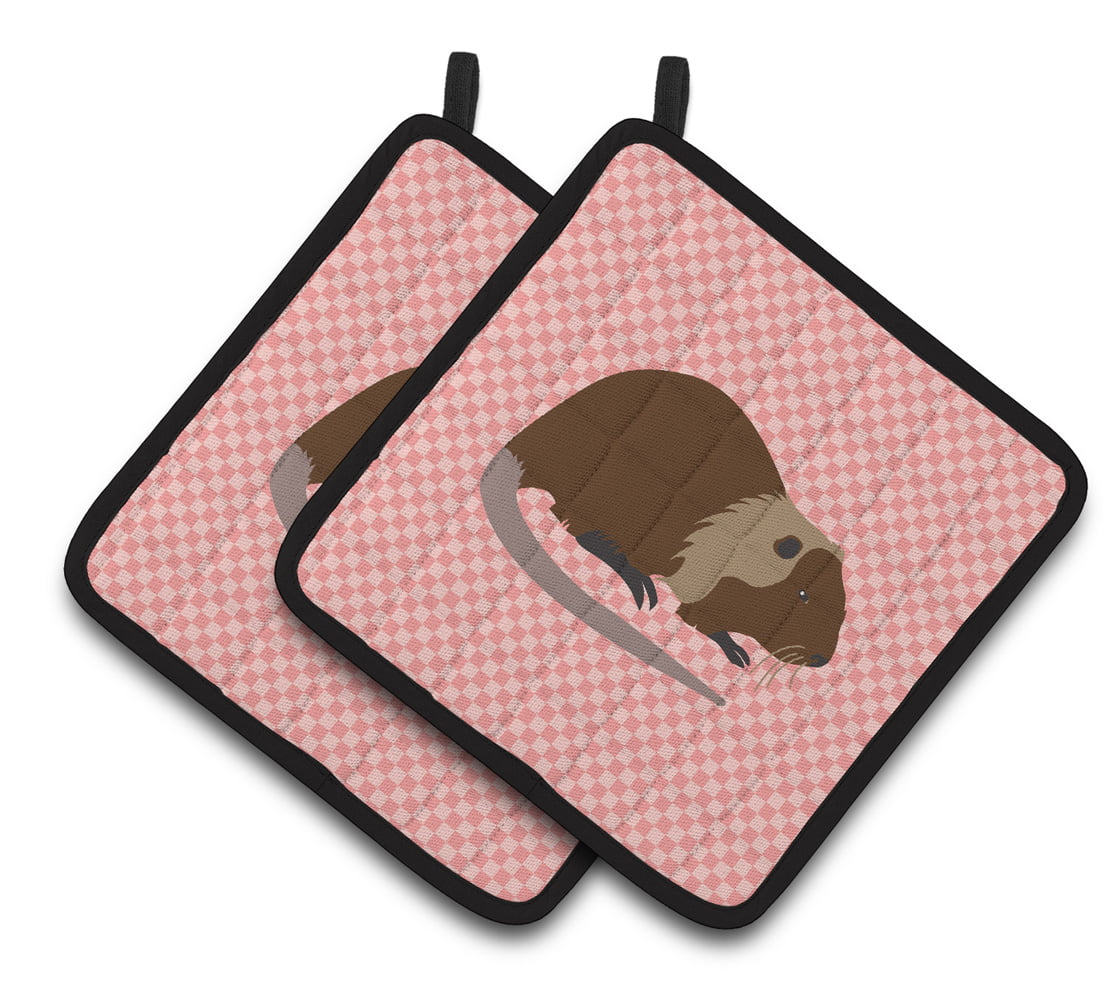 Coypu Nutria River Rat Pink Check Pair of Pot Holders - Pink