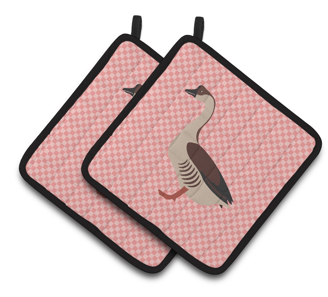 Chinese Goose Pink Check Pair of Pot Holders - Pink