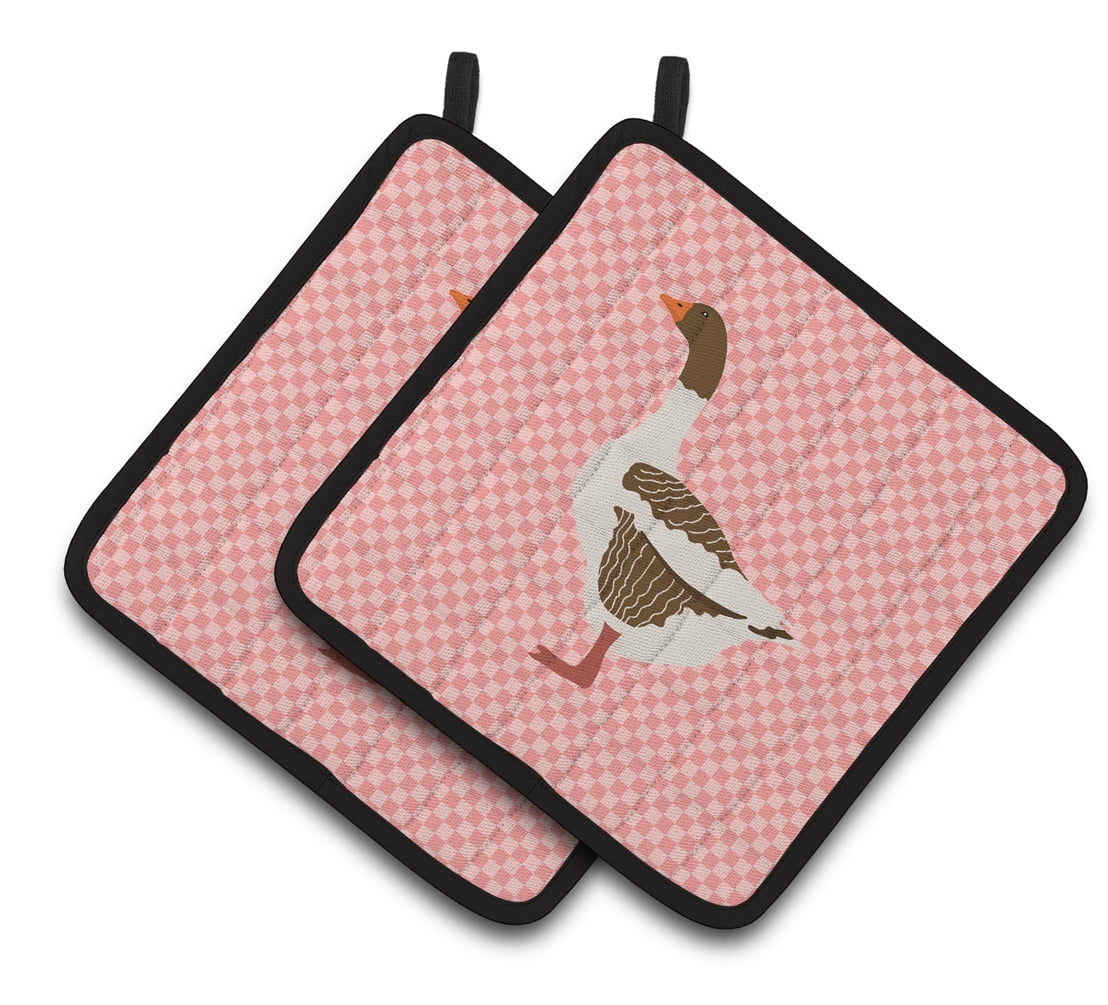 Pomeranian Rogener Goose Pink Check Pair of Pot Holders - Pink