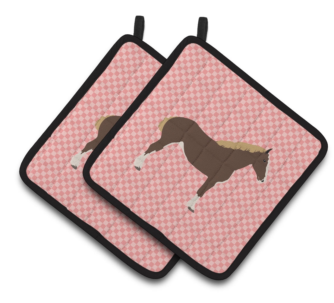 BB7906PTHD Percheron Horse Pink Check Pair of Pot Holders
