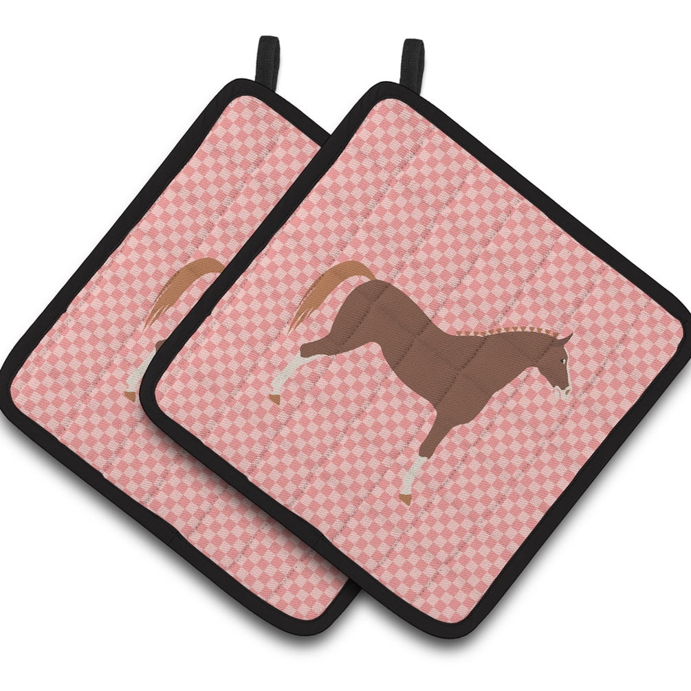 Hannoverian Horse Pink Check Pair of Pot Holders - Pink