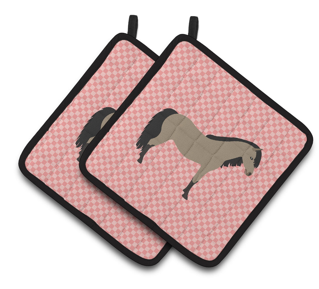 Welsh Pony Horse Pink Check Pair of Pot Holders - Pink