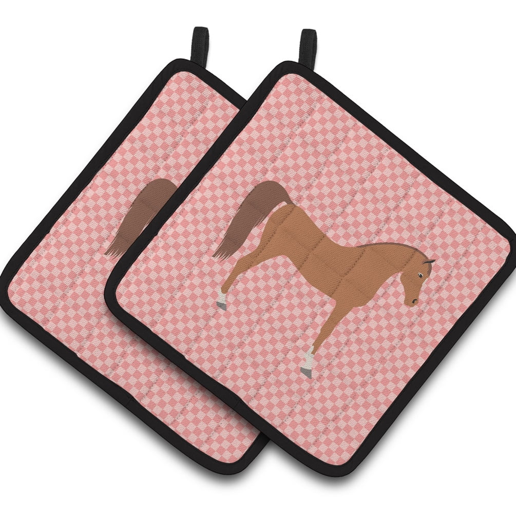 Arabian Horse Pink Check Pair of Pot Holders - Pink