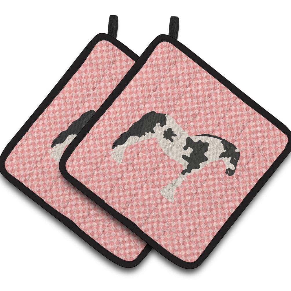 Cyldesdale Horse Pink Check Pair of Pot Holders - Pink