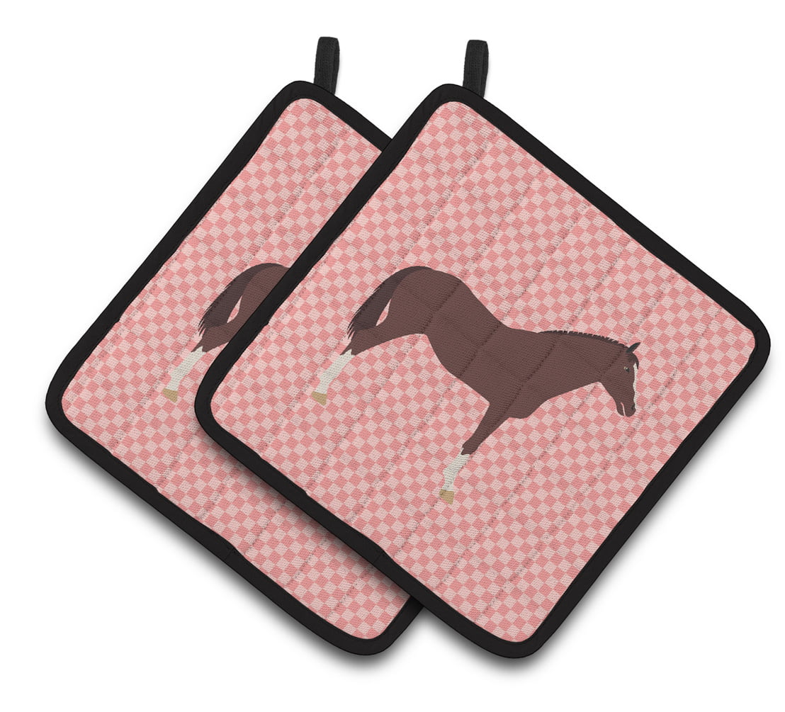 English Thoroughbred Horse Pink Check Pair of Pot Holders - Pink