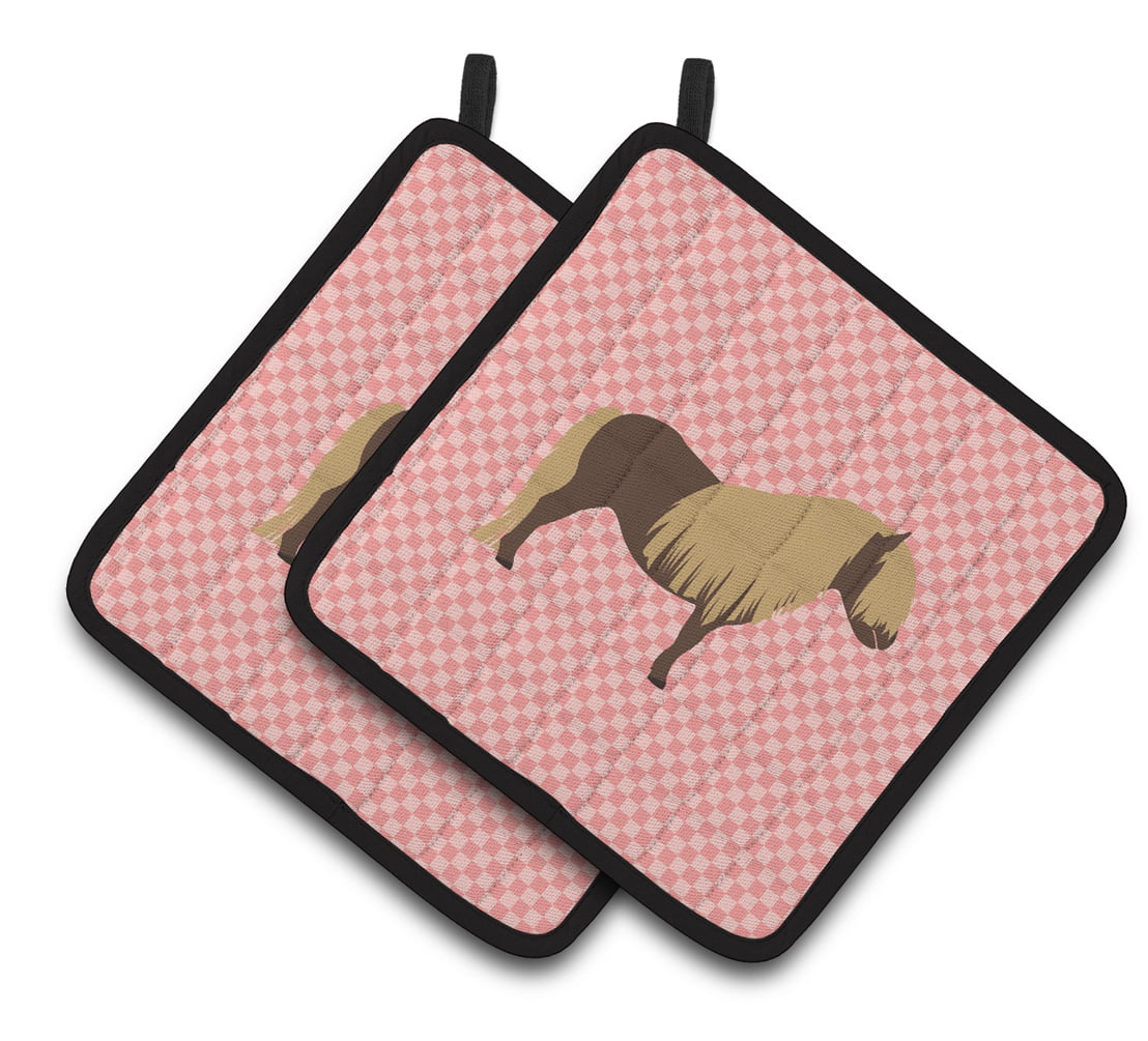 Shetland Pony Horse Pink Check Pair of Pot Holders - Pink