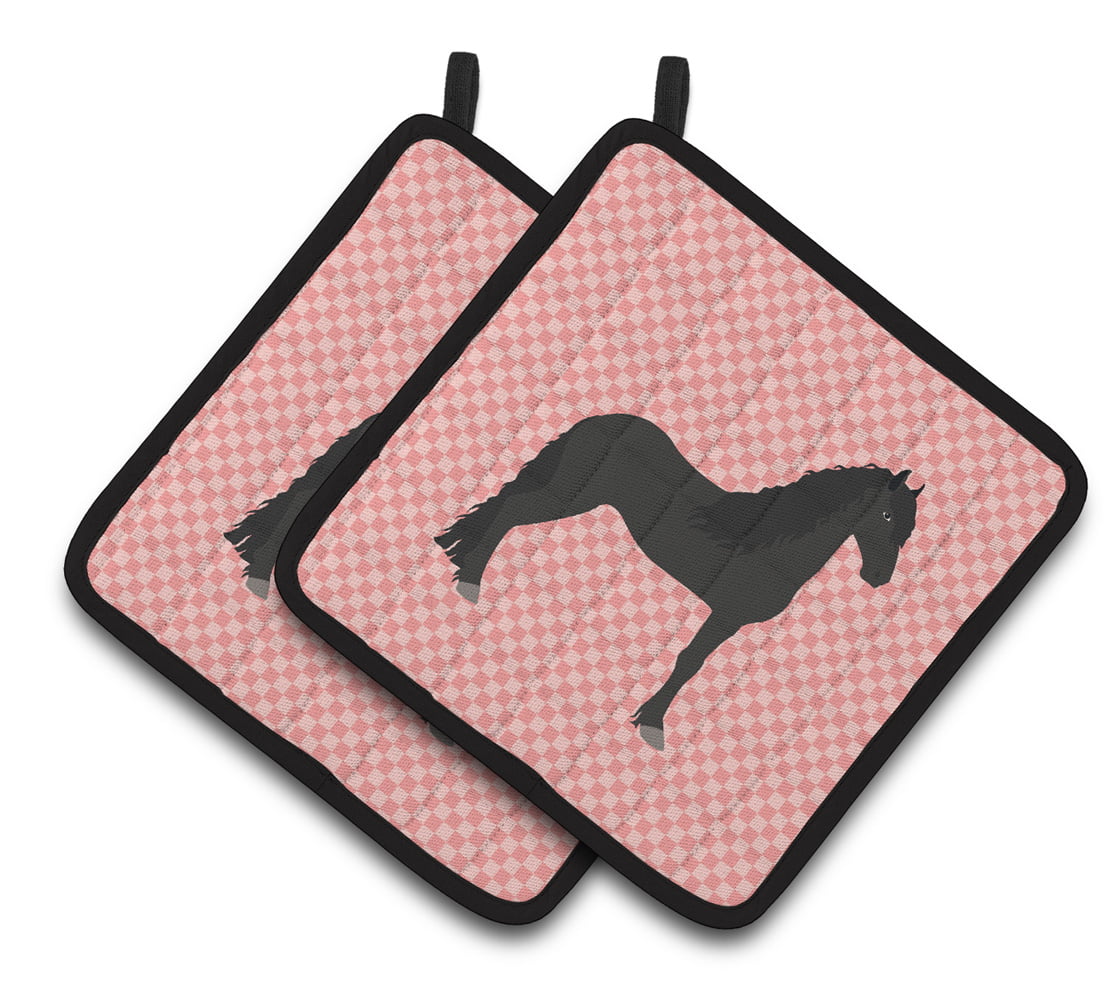 Friesian Horse Pink Check Pair of Pot Holders - Pink