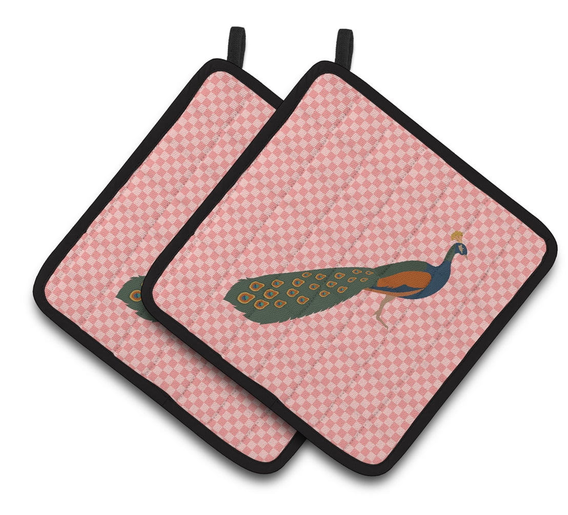 BB7925PTHD Indian Peacock Peafowl Pink Check Pair of Pot Holders